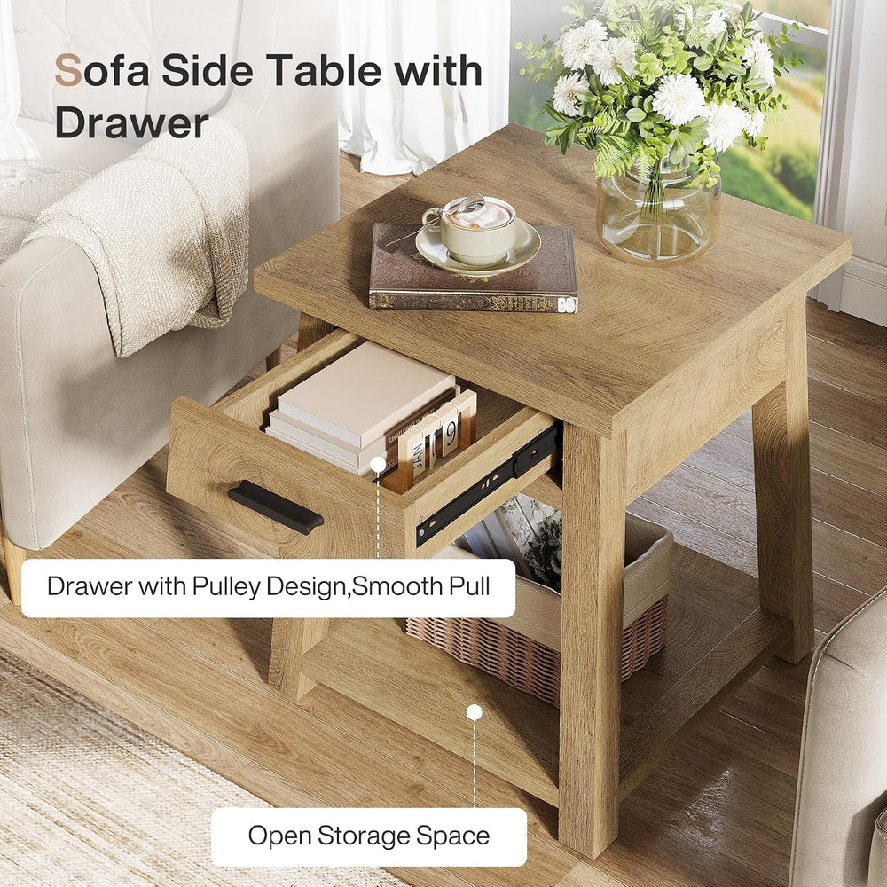 Tribesigns Farmhouse Square Side Table, 2 -Tier Wooden End Table with Drawer,...