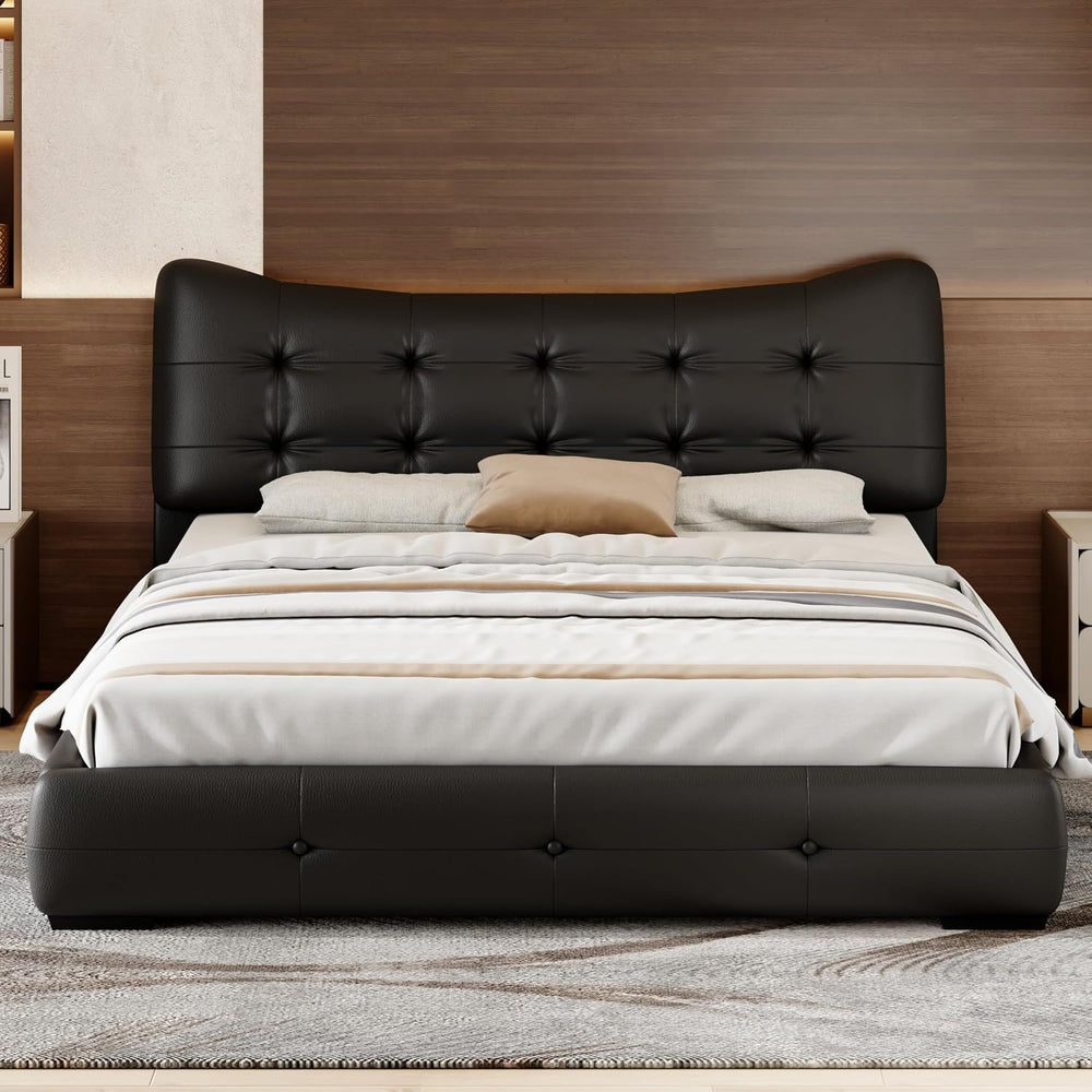 Queen Size Pu Leather Bed Frame/Button Tufted Wingback Headboard/Upholstered ...