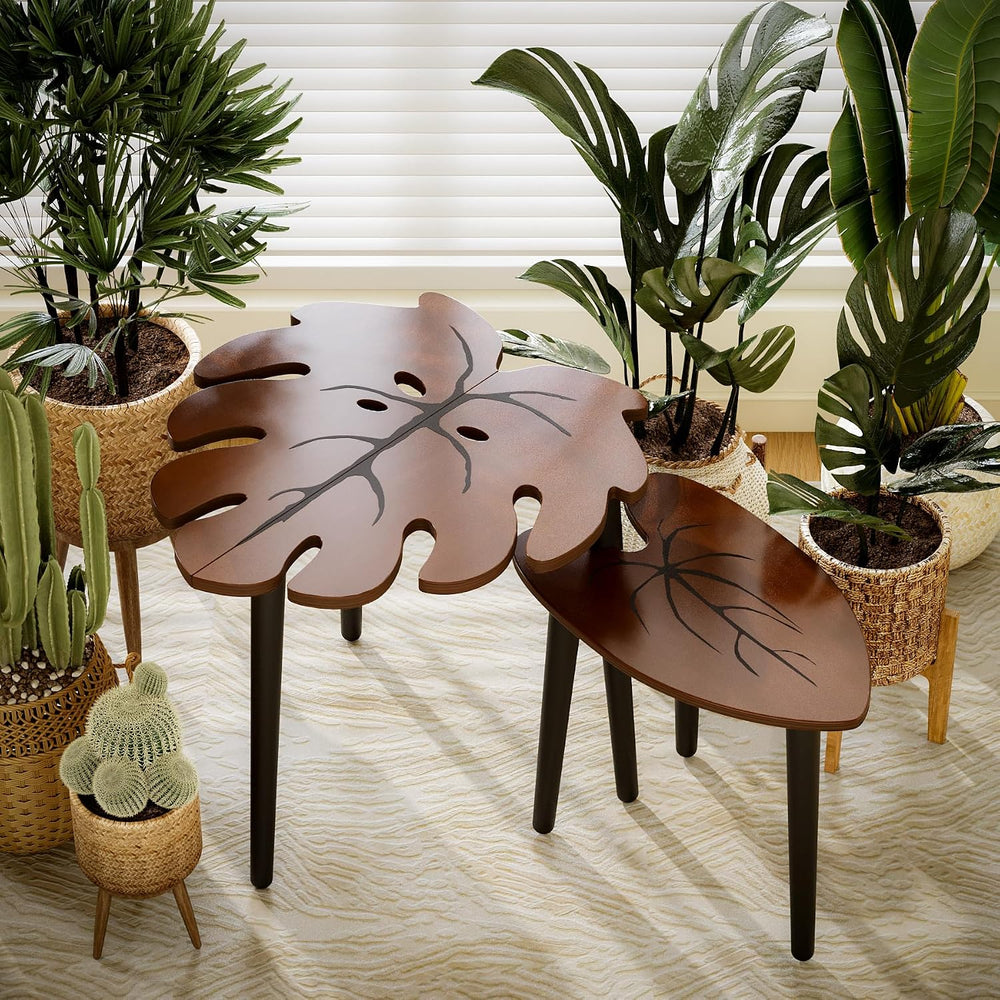 BAMEOS Monstera Leaf Nesting Tables Set of 2, Small Side Tables f Set with Le...