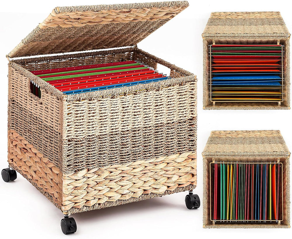 Cinnvoice Decorative Rolling File Cabinet 18 x 16 x 13 in Seagrass Wicker Fil...