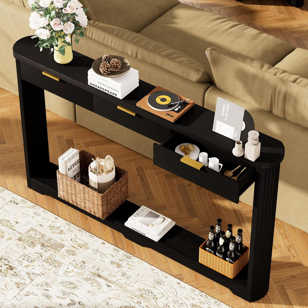 70" Slim Wooden Side Table, Wavy-Patterned Storage Table with 3 Drawers,...