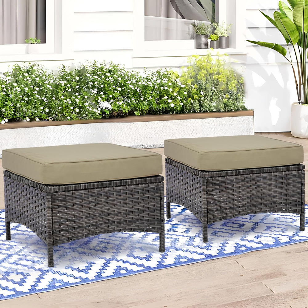 Set of 2 Outdoor Patio Ottomans, All-Weather PE Rattan Wicker Furniture for B...