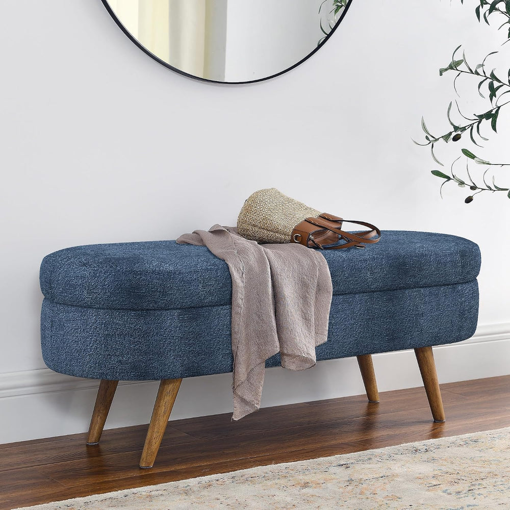 43.5" Storage Ottoman Bench, Dark Blue | Safety Hinge, Linen, Upholstere...