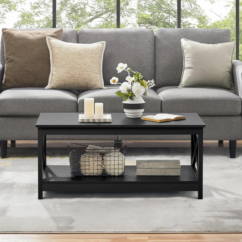 Yaheetech Black Coffee Table for Living Room, X-Design Storage Shelf, 39.5“