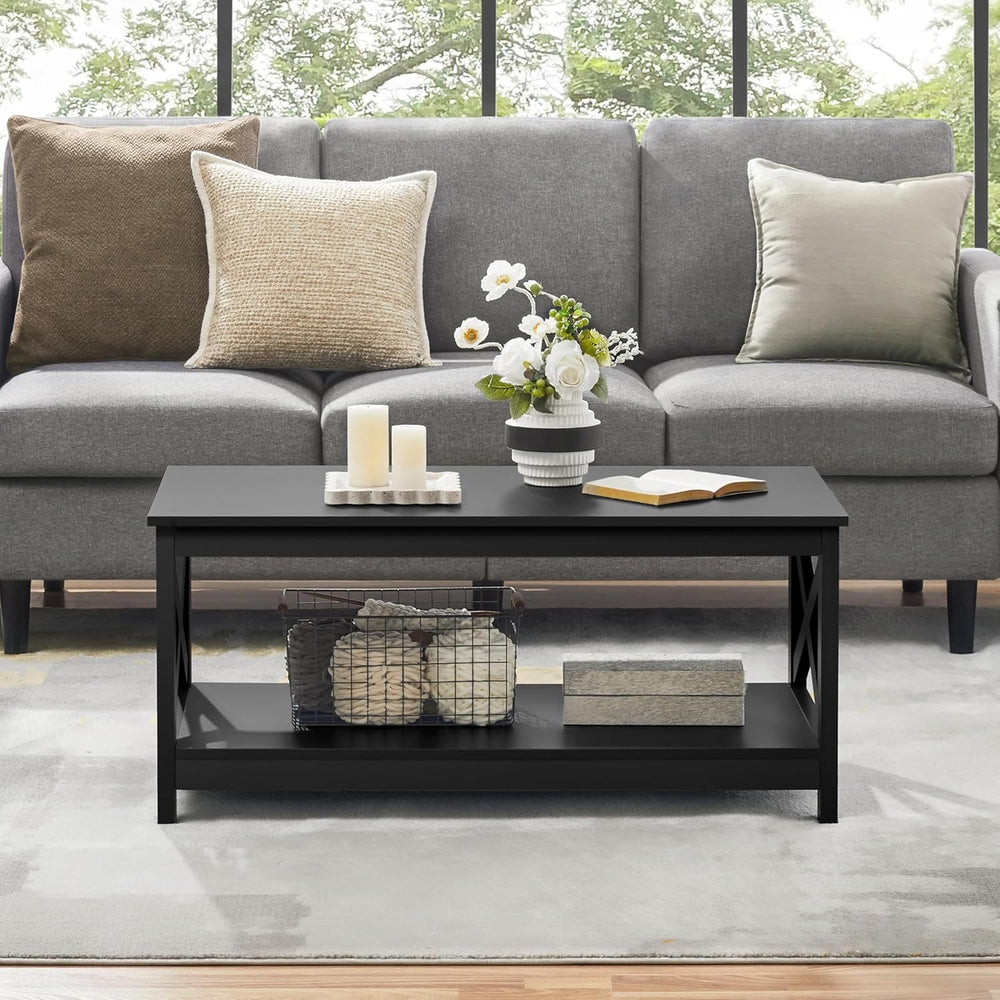 Yaheetech Black Coffee Table for Living Room, X-Design Storage Shelf, 39.5“