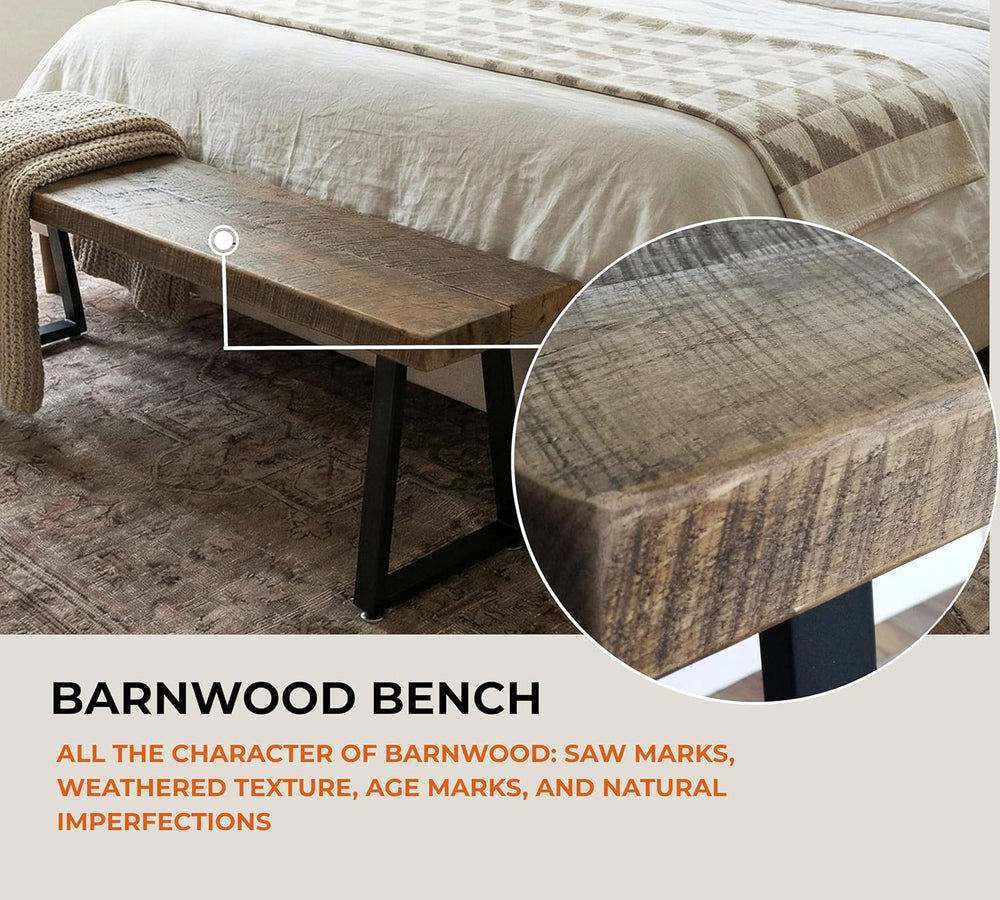 Rustic Revival Reclaimed Barnwood Bench, Solid Wood with Metal Base, Modern F...
