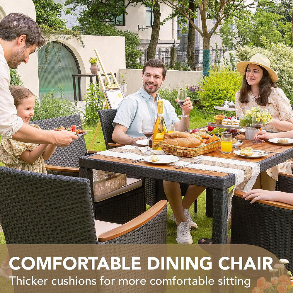 Devoko 7 PCS Acacia Wood Patio Dining Set, Black Rattan