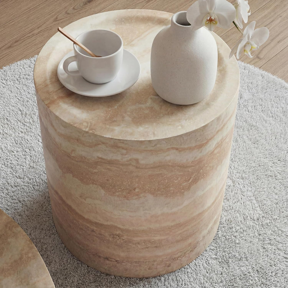 Marble-Effect Cylindrical Side Table Lightweight Fiberglass & Resin Accen...