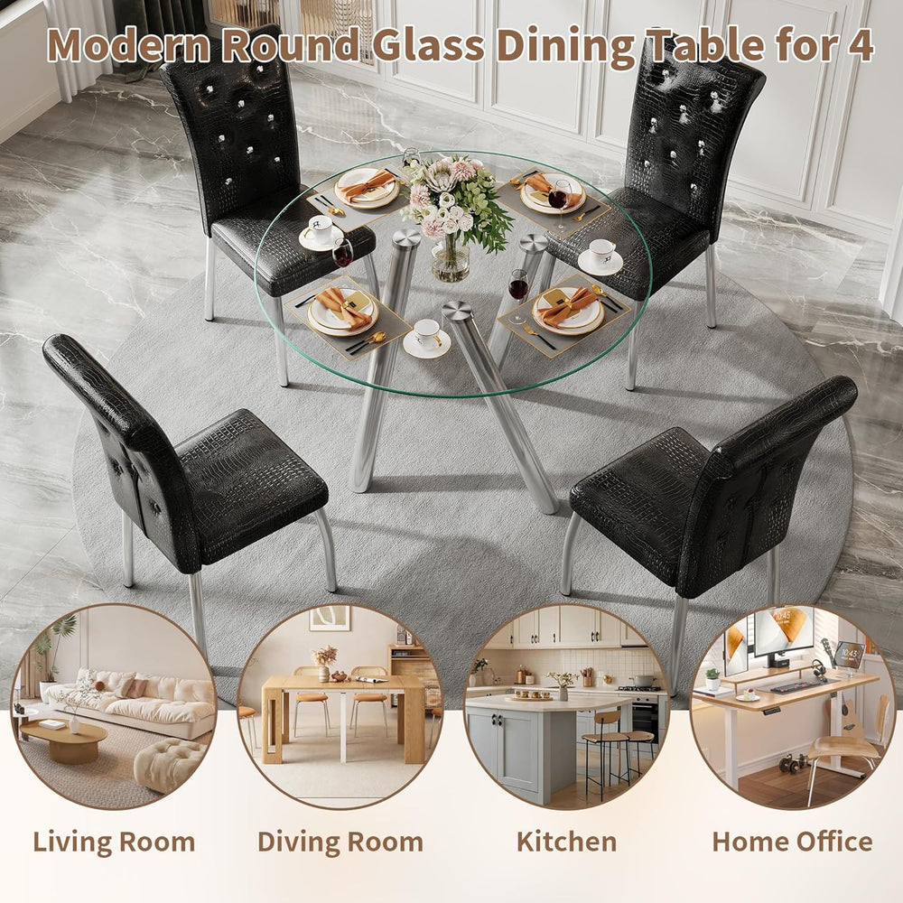 35" Round Dining Table for 4, Modern Round Glass Dining Table with Metal...