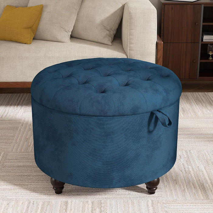 24 Inch Round Storage Ottoman,Modern Tufted Ottomans,Circular Coffee Table with Removable Top,Upholstered Large Ottoman with Storage Footrest Stool for Bedroom Living Room (Blue)
