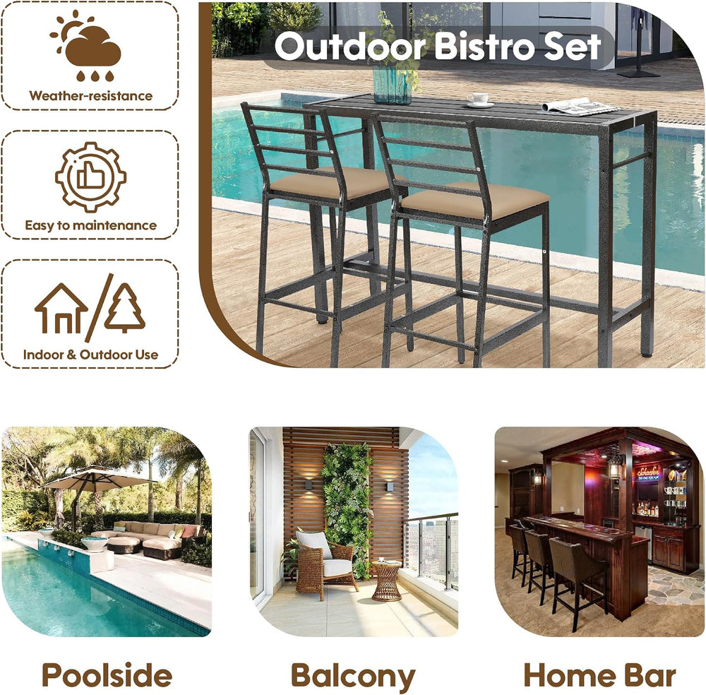 3Pcs Outdoor Patio Bar Set with Cover, 55" Rectangular Pub Height High T...