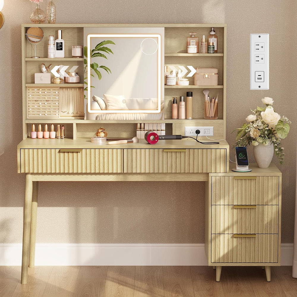 VASAGLE Fluted Vanity Desk with Sliding Mirror and Lights, 5 Drawers | Contem...