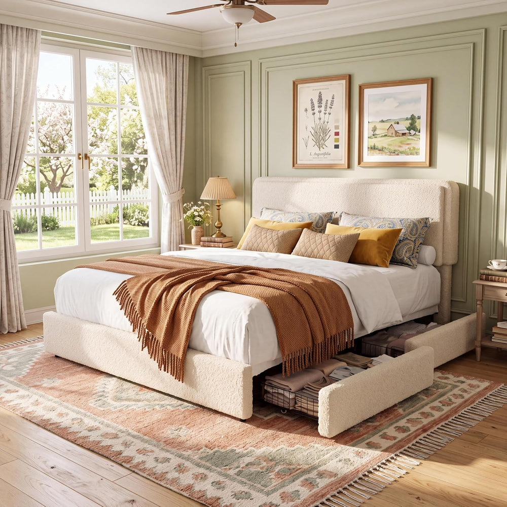IDEALHOUSE King Bed Frame with 2 Storage Drawer and Upholstered Headboard