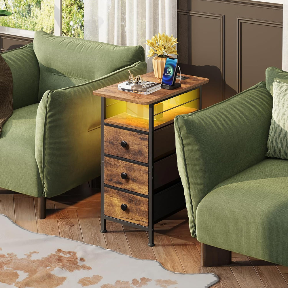 WLIVE Narrow Side Table with Charging Station, End Table with LED Lights,3 Fa...