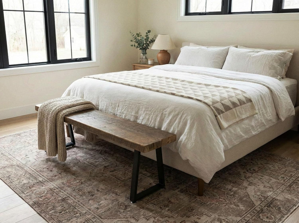 Rustic Revival Reclaimed Barnwood Bench, Solid Wood with Metal Base, Modern F...