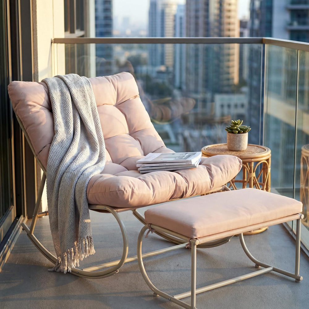 Double Papasan Rocking Chair Set of 2 with Ottoman, Khaki