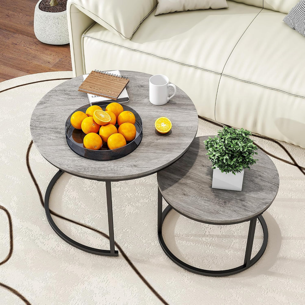 HOJINLINERO Round Nesting Coffee Tables Set of 2,Black+Warm Grey,Large | Cent...