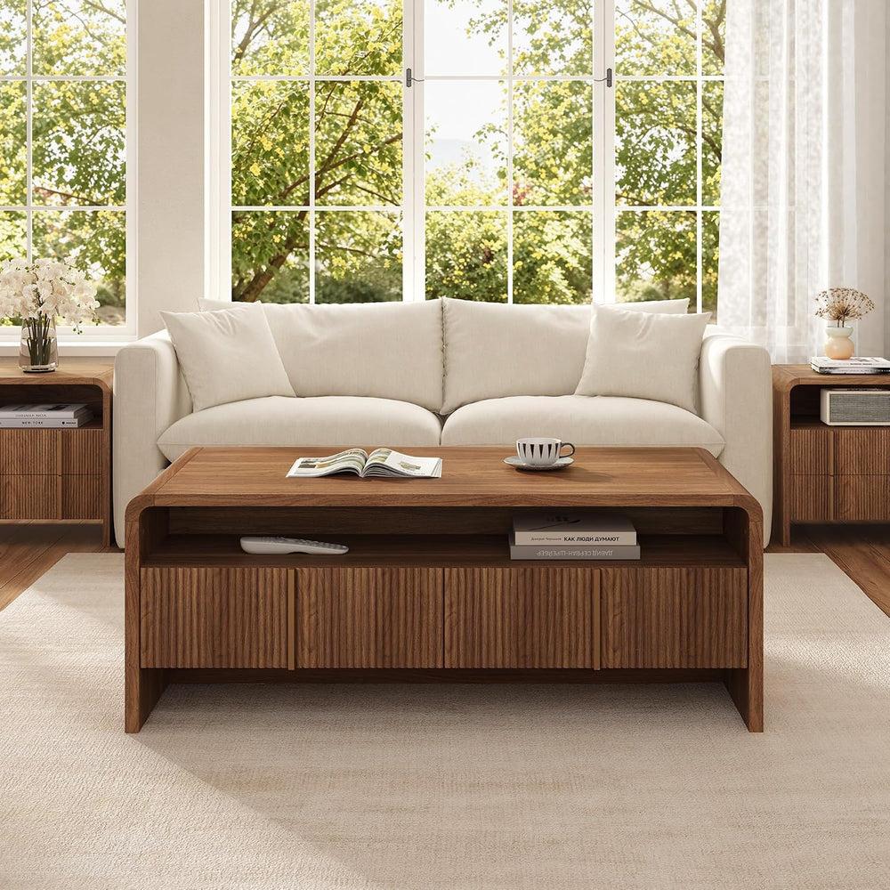 AMERLIFE Fluted Coffee Table with Storage & Rounded Edges