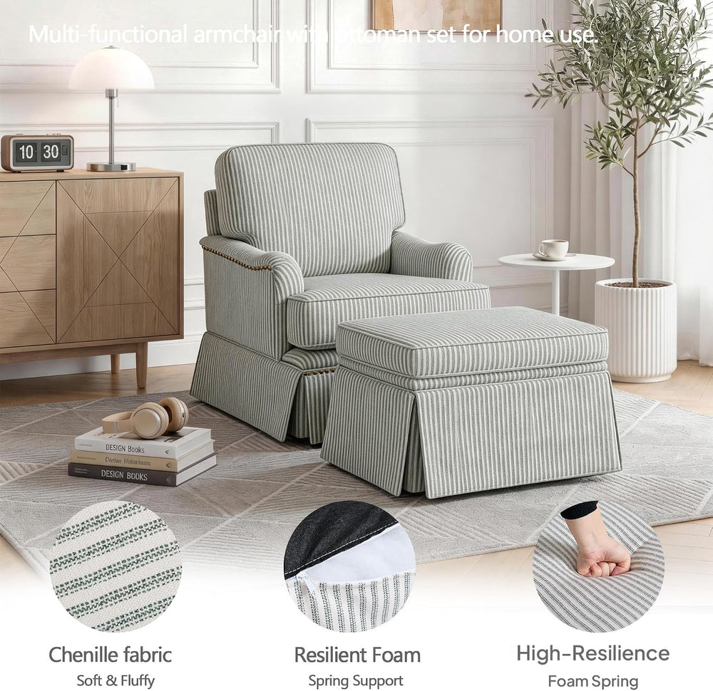 Swivel Accent Chairs Set of 2 with Ottoman, Pinstripe Green