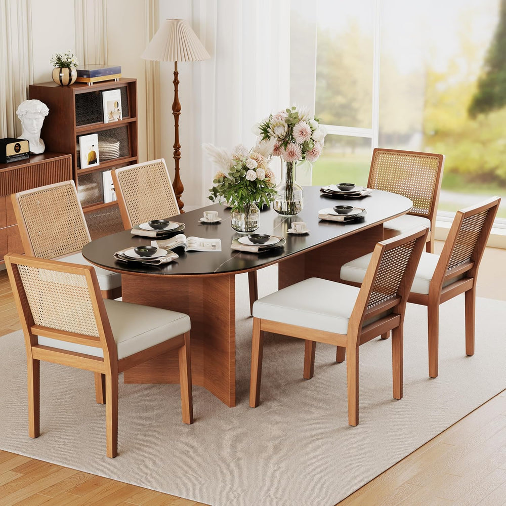 Andeworld Farmhouse Natural Rattan Dining Chairs Set of 6, Upholstered Mid Ce...