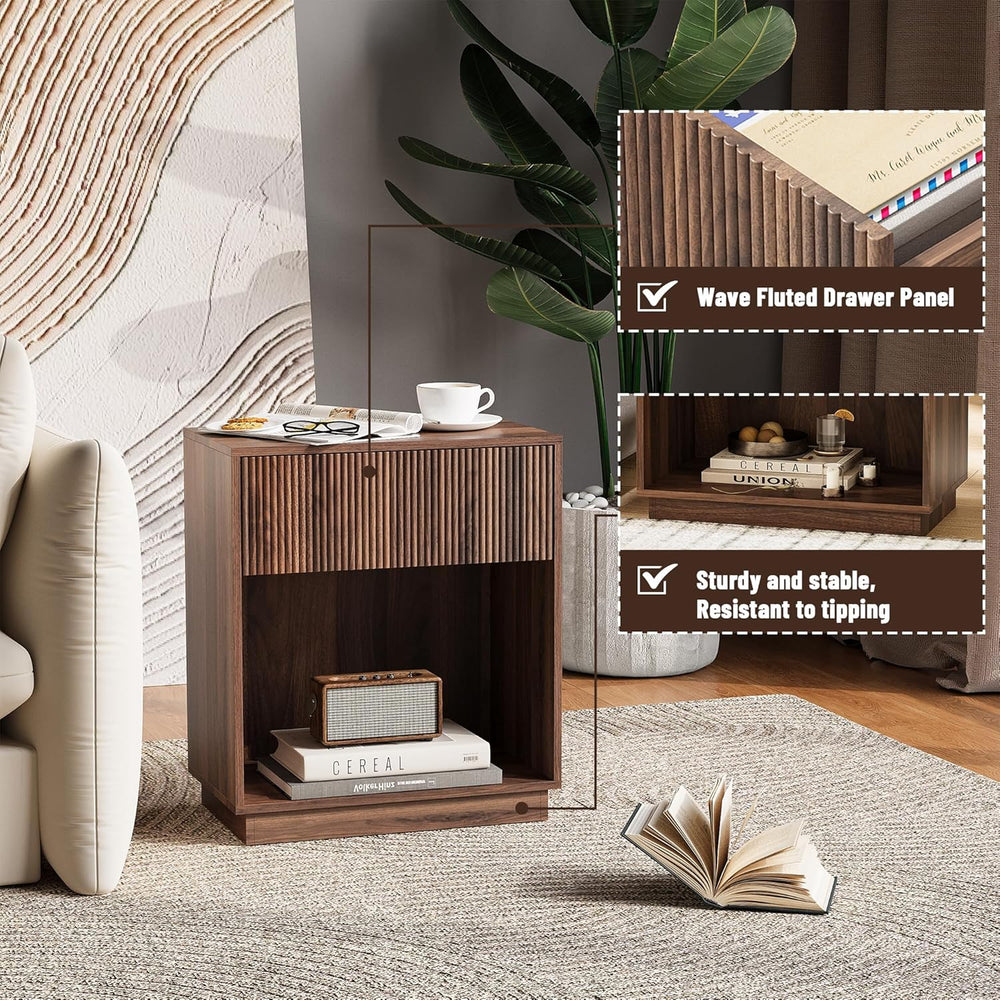 Fluted Nightstands Set of 2, Modern Bedside Table with Storage Drawer and Ope...