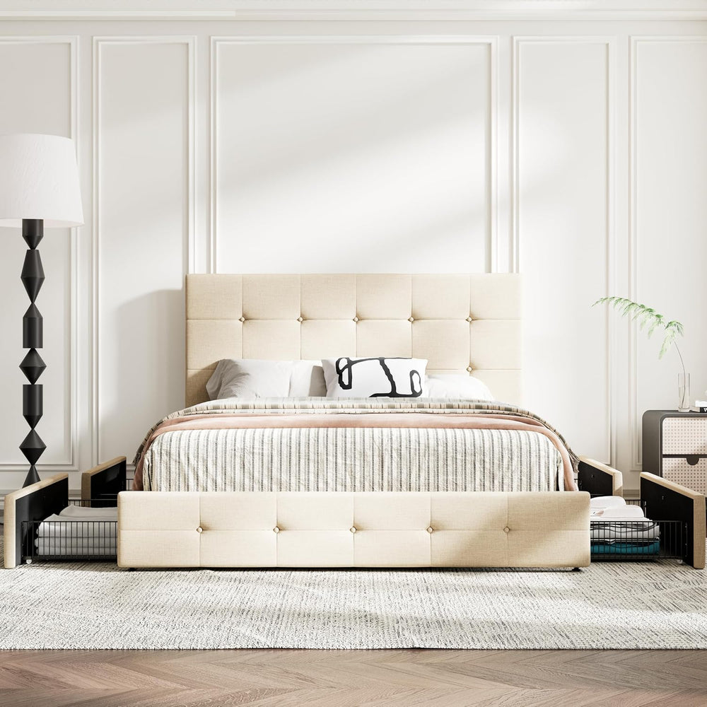 MUTICOR Queen Size Bed Frame with 4 Storage Drawers, Upholstered Platform Bed...
