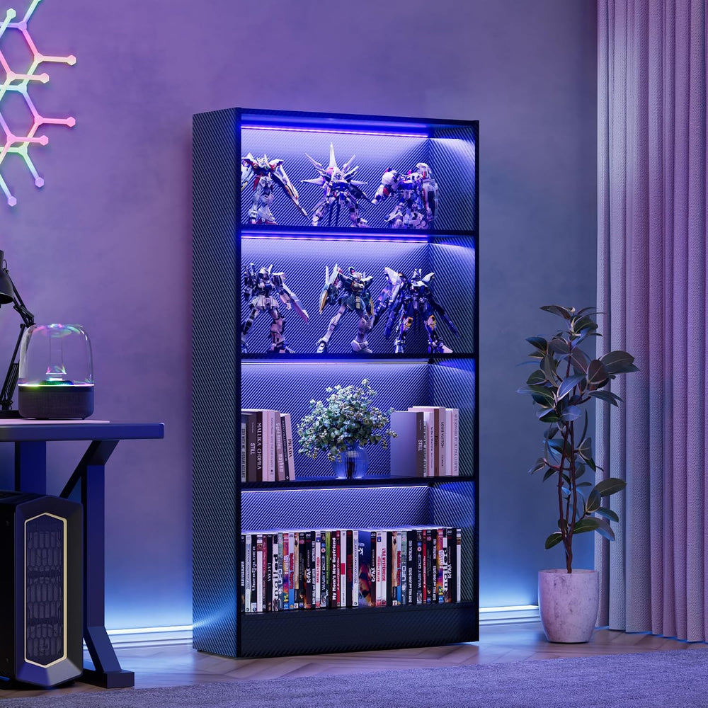 CODACE Tall Wooden 4-Tier Black Bookshelf - Display Cabinet with LED Lights