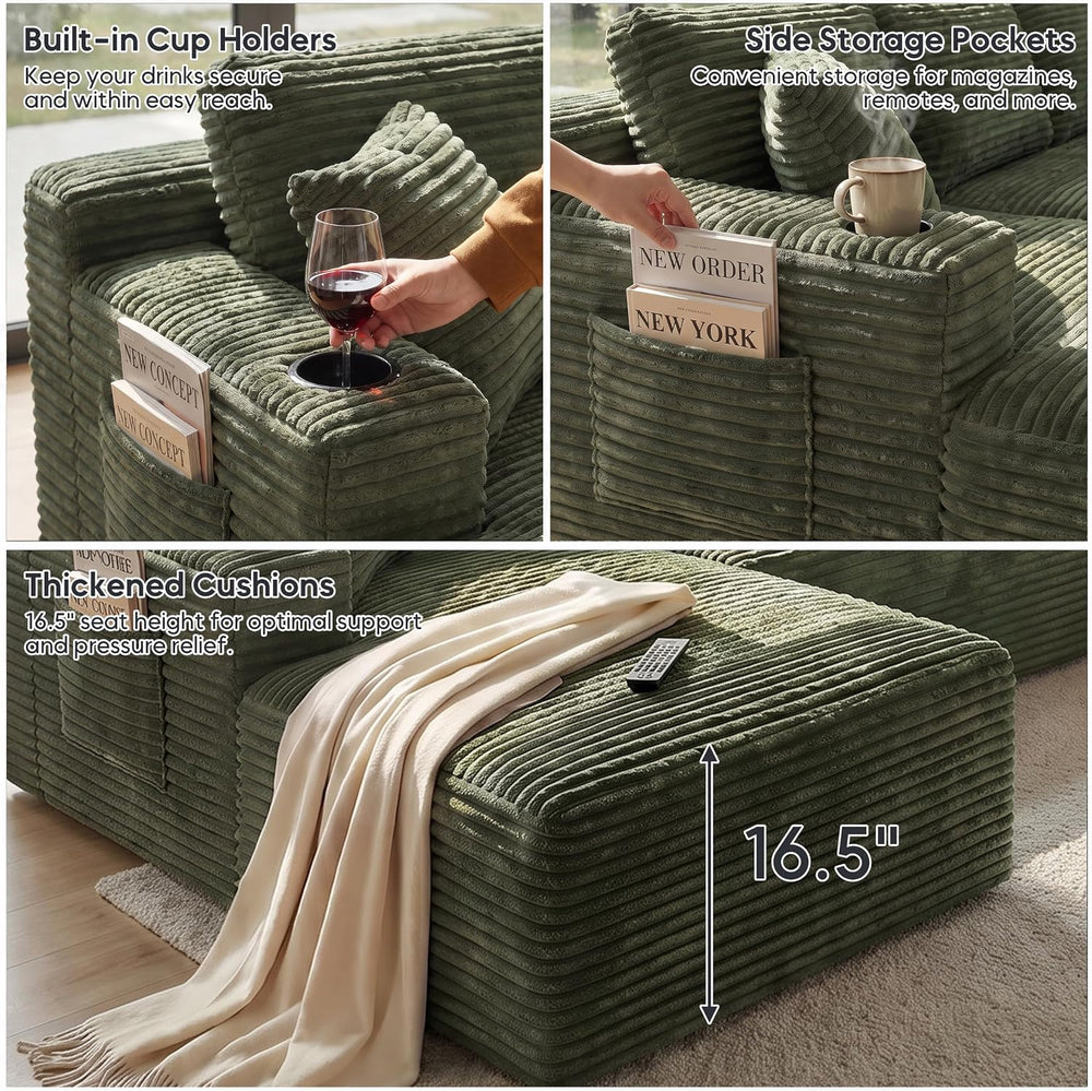 133" U-Shaped Modular Sectional Sofa, Corduroy Couch, Green | Cloud Luxu...