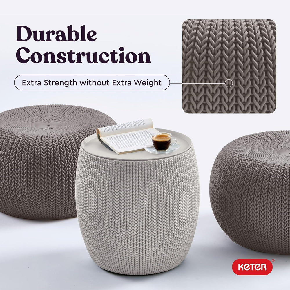 KETER Urban Knit Pouf Ottoman Set of 2 with Storage Table for Patio and Room ...