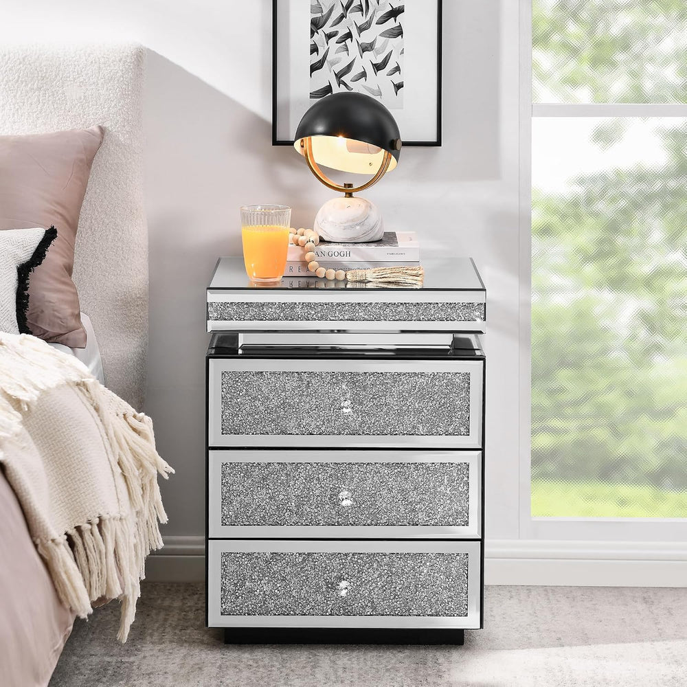 SSLine 3-Drawer Mirrored End Table,Mirrored Nightstand End Tables Bedside Tab...