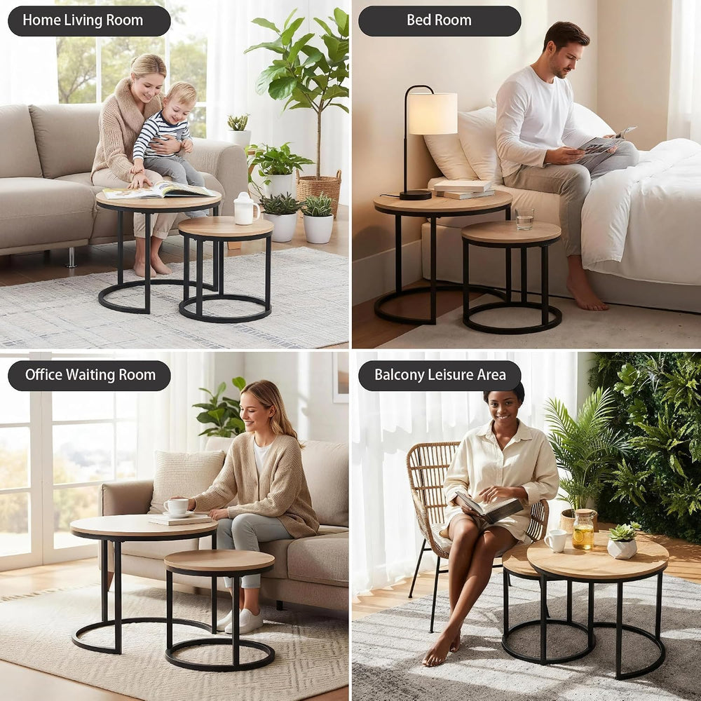 CENSI 24" Natural Oak Round Nesting Coffee Table Set of 2 | Accent Nesti...