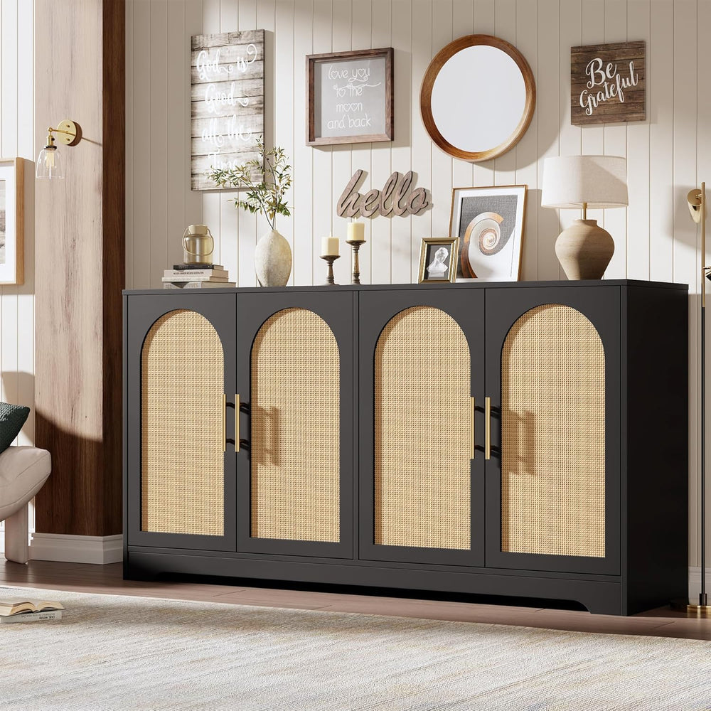 IDEALHOUSE 59" W Sideboard Buffet Cabinet- with 4 Rattan Doors, Large St...