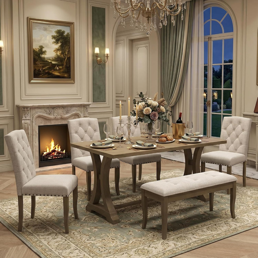 Mirightone Farmhouse Dining Table Set for 6, Dining Table with Bench and Chai...