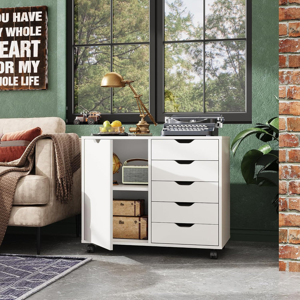DEVAISE 5-Drawer Wood Drawer Cabinet, Office Storage Cabinet, White | Craft S...