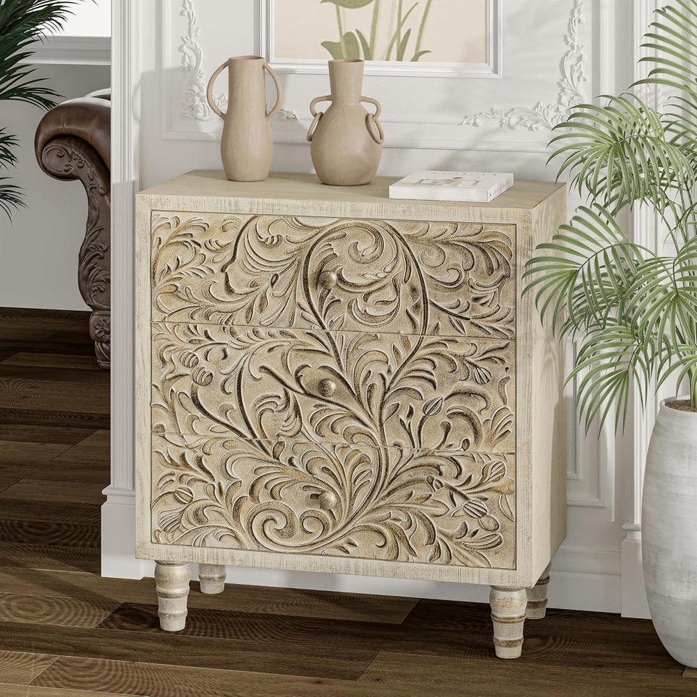 3 Drawer Farmhouse Dresser X 2P with Embossed Weathered Flower Motif