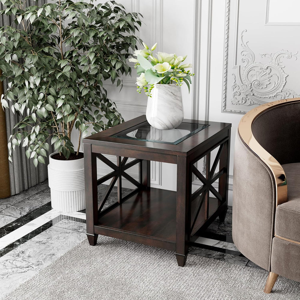 2-Tier Solid Wood End Table with Tempered Glass, Square Wooden Sofa Side Tabl...