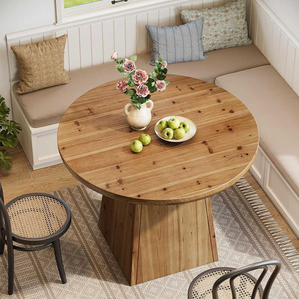 Solid Wood Round Dining Table for 4, Small Circle Kitchen Table with Thickene...