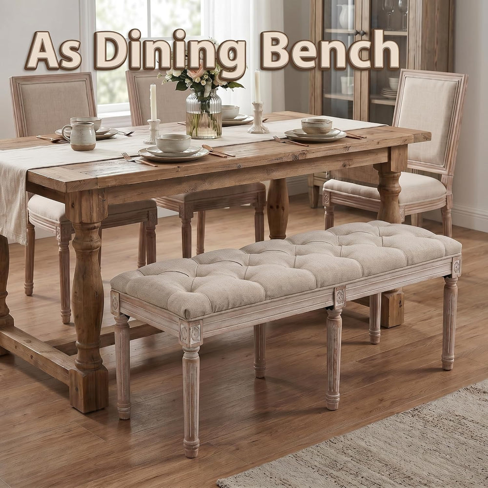 Tufted Dining Bench French Vintage Fabric Upholstered Wood Dining Room Bench ...