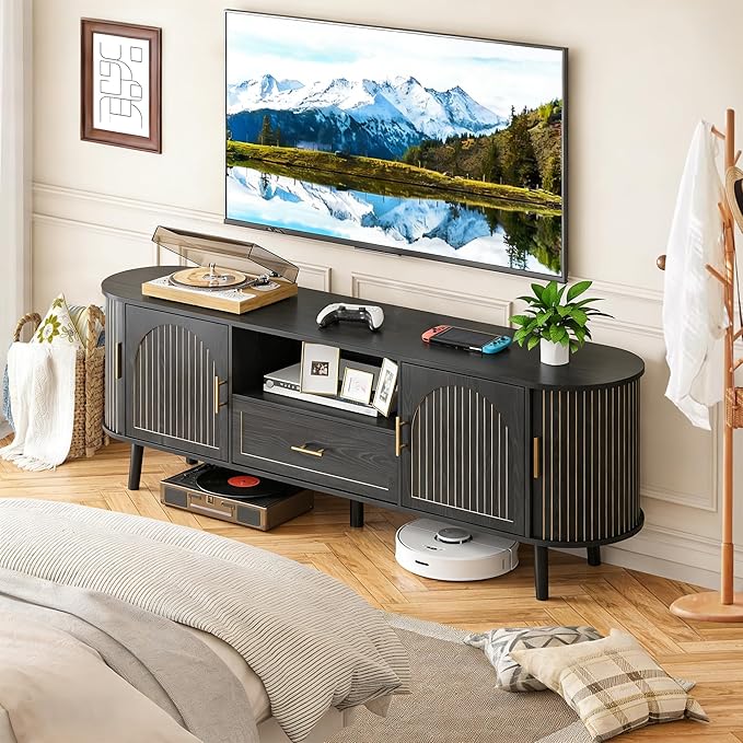 70" Fluted TV Stand for Tvs up to 80", Mid-Century Modern Entertain...
