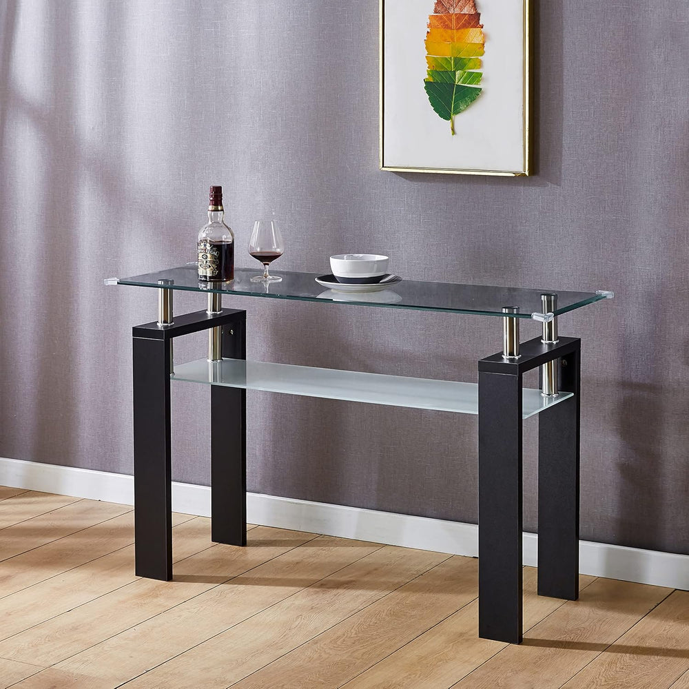3 Piece Black Living Room Table Set, Rectangular Modern Glass Coffee Table, C...