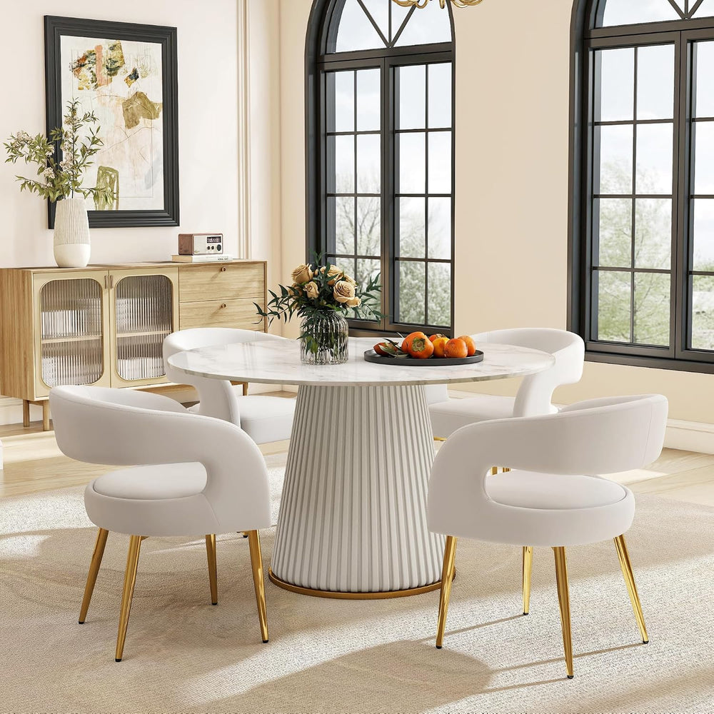 Hyfirm White and Gold Dining Chairs Set of 4, Upholstered Velvet Barrel Dinin...