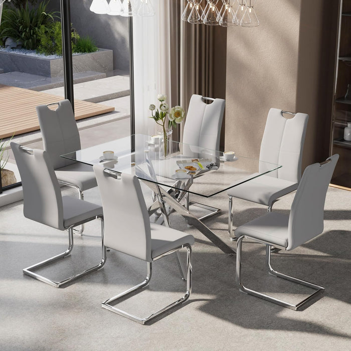 7-Piece Dining Table Set for 6, Modern Rectangular Glass Table with 6 Upholstered Leather Chairs, Space-Saving Dining Room Furniture Table & Chair Sets for Small Spaces&Apartment(Gray&Silver)