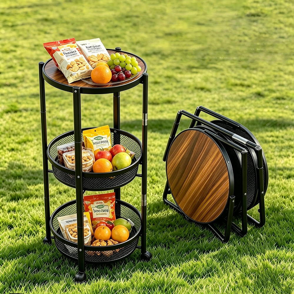 SYO 3-Tier Foldable Rolling Storage Cart, Round Mesh Shelves with Wheels, No ...