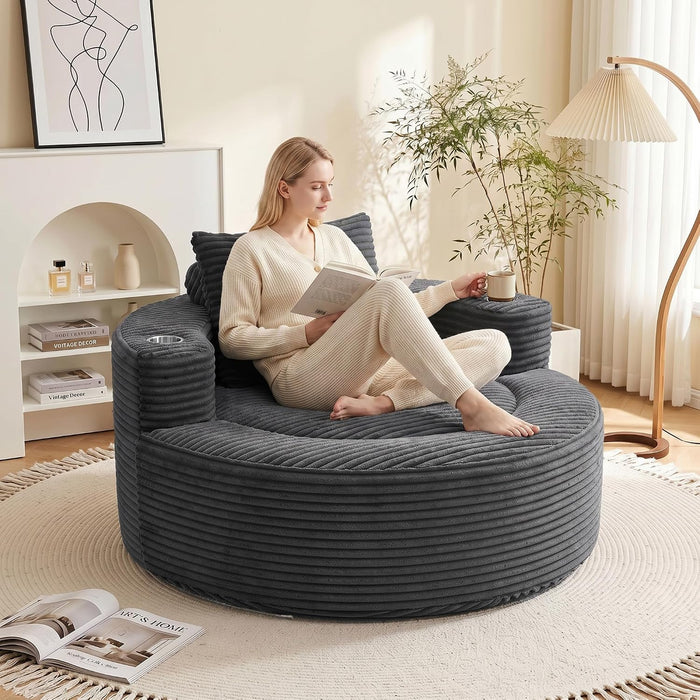 55.5" Oversized Round Chaise Lounge Chair Indoor, Corduroy Dark Grey 