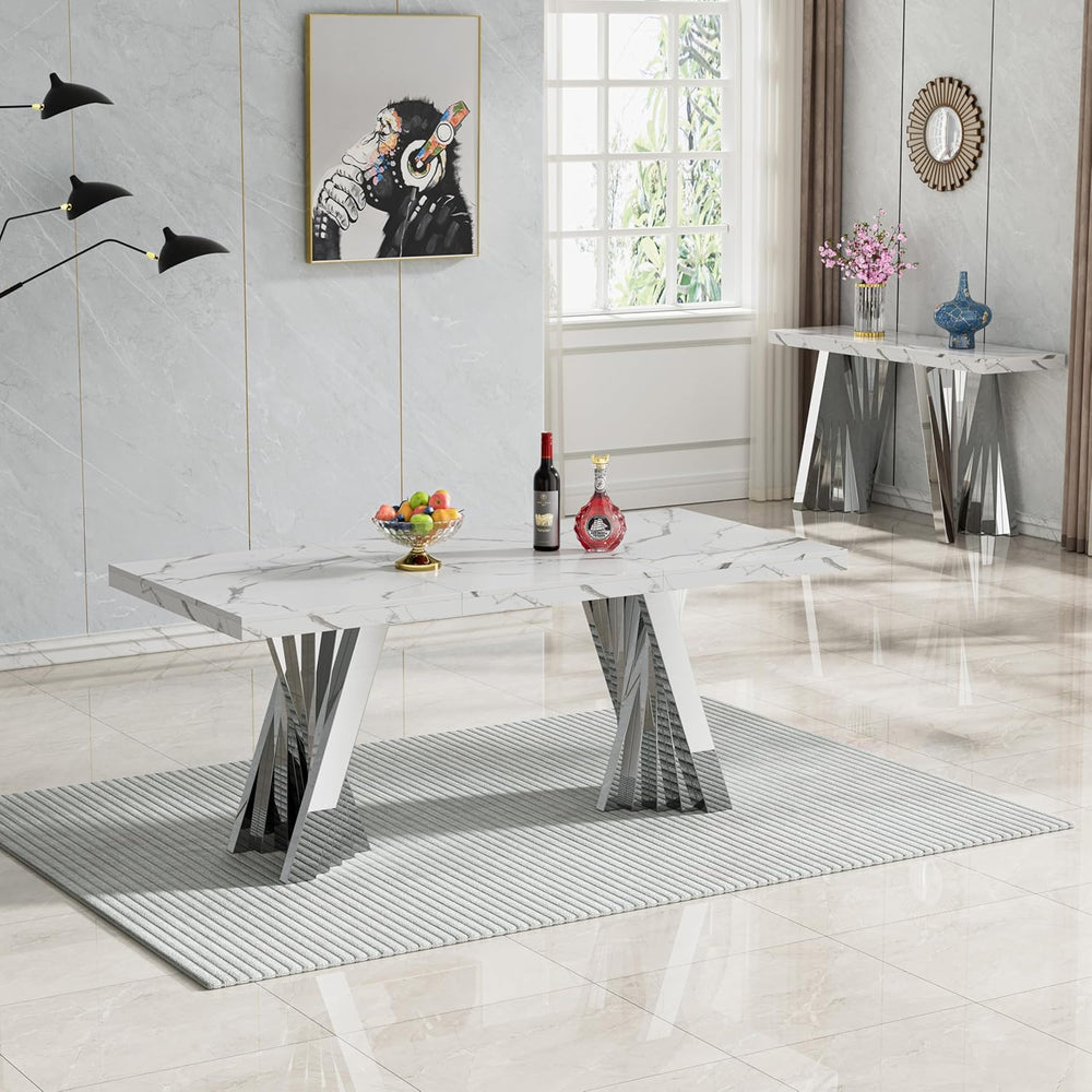 70" Faux Marble White Silver Dining Table for 6, Modern Dining Room Tabl...