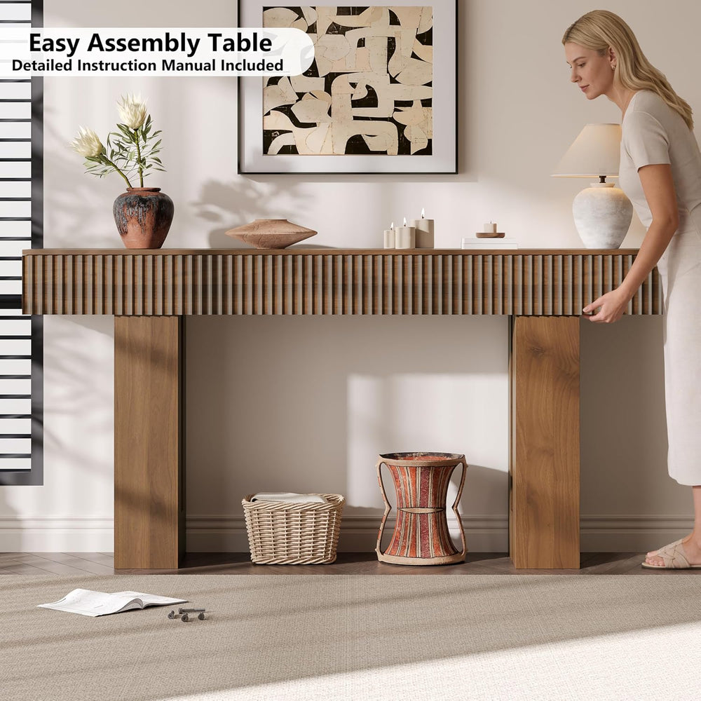 63-Inch Long Entryway Console Table with a Fluted Design, Thick Wood Farmhous...