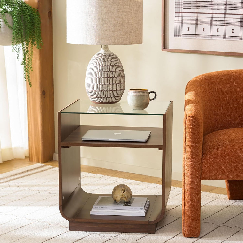 SAFAVIEH Furniture - Acres Accent Table - Walnut Wood & Glass Top - 2 She...