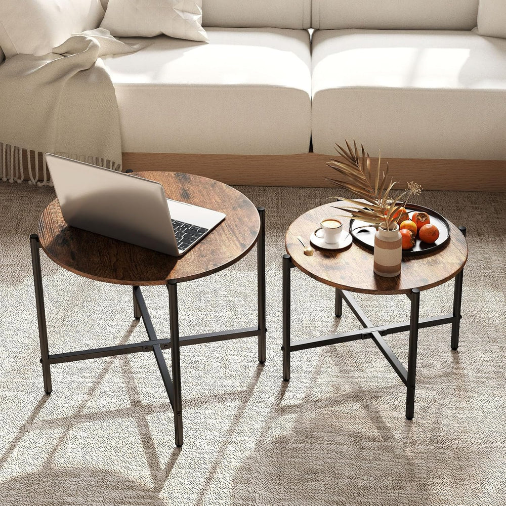 GOFLAME Nesting Coffee Table Set of 2, Round Coffee Tables with Wood Tabletop...