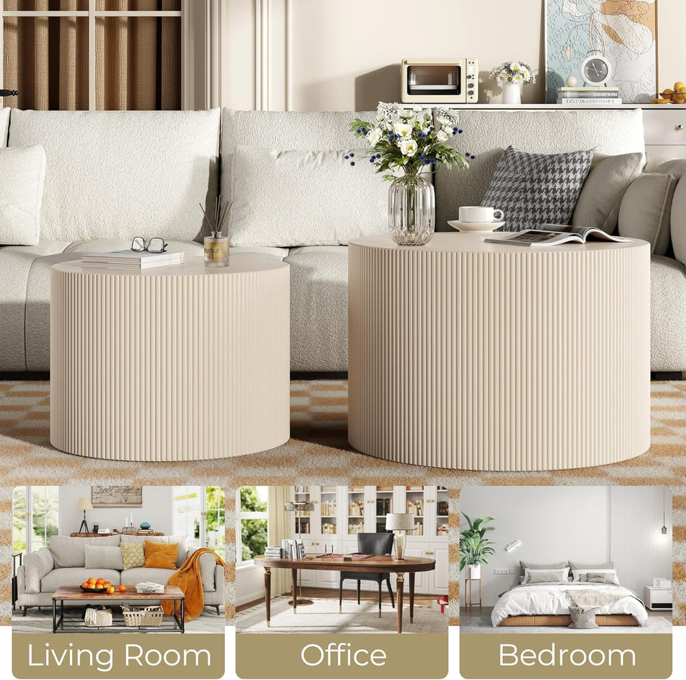 Round Coffee Table Set of 2, Modern Wooden Beige Nesting Coffee Tables for Li...