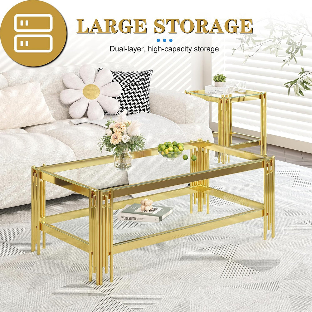 AF ARTISAN FURNITURE Glass Coffee Table Set of 3, Gold 2-Tier Clear Tempered ...